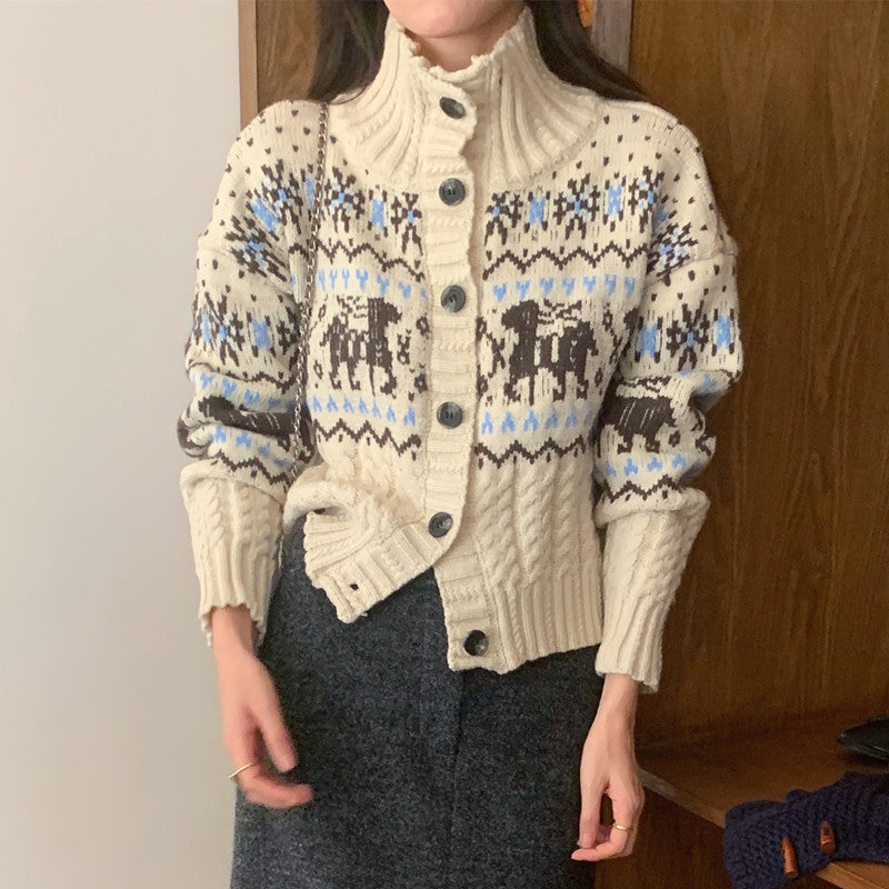 Jacquard Stand Collar Single-breasted Soft Glutinous Sweater Cardigan Coat