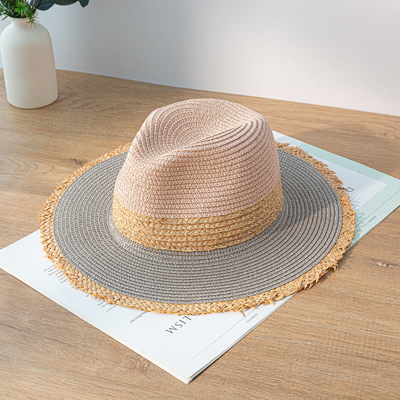 Women's Retro Color Matching Raw Edge Sun Protection Straw Hat