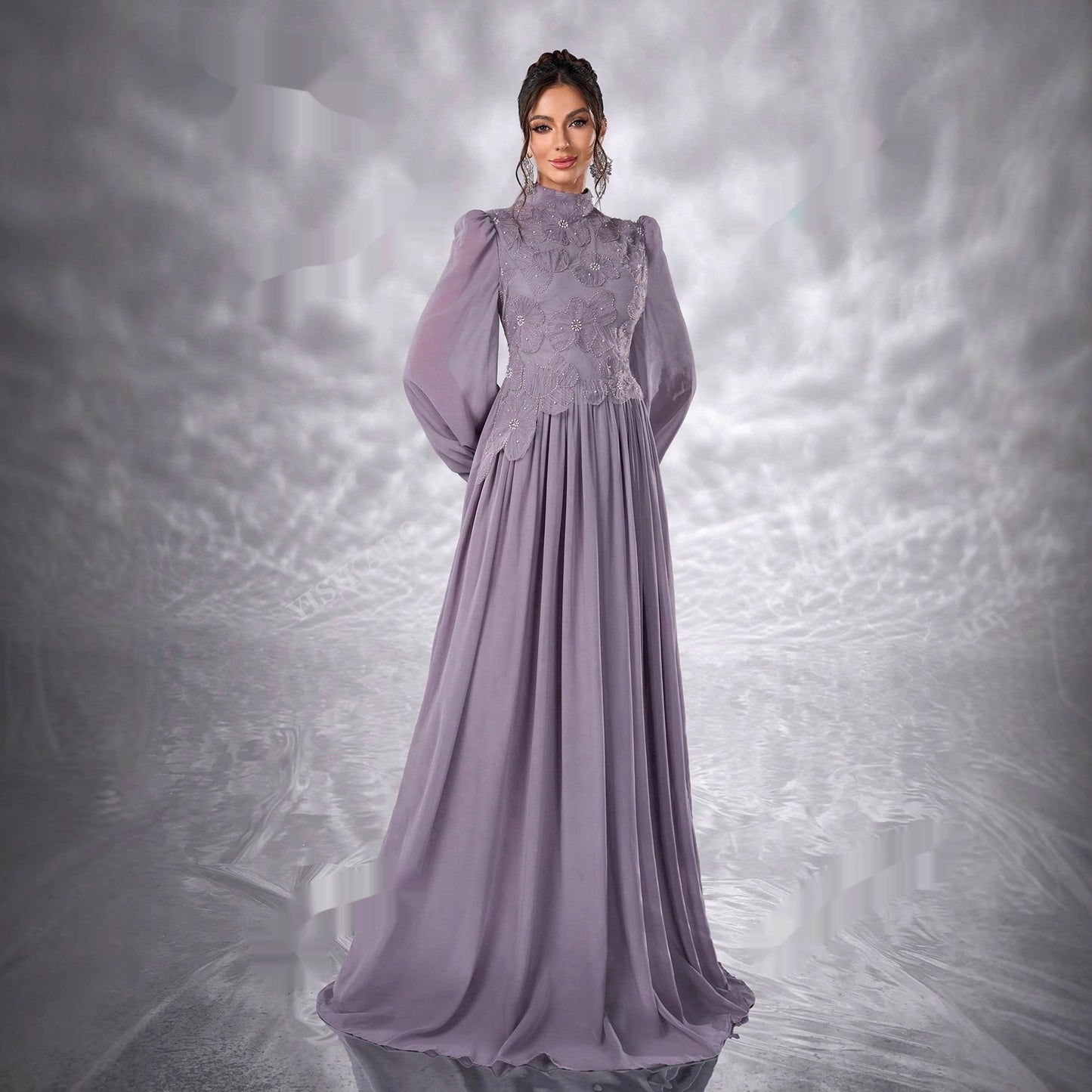 New Elegant Floral Dress With Long Sleeves Made Of Chiffon