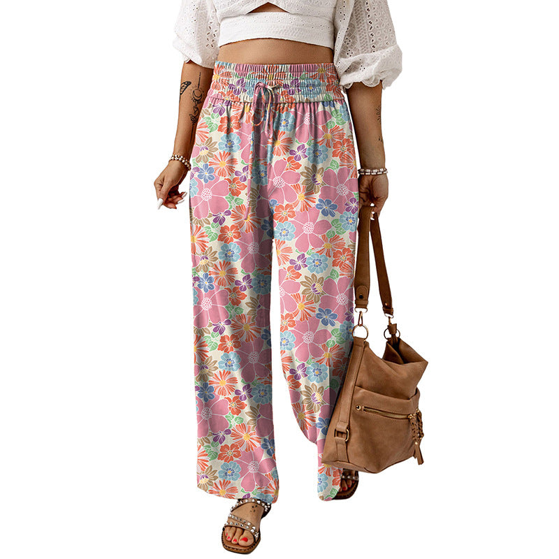 Women's Casual Loose Elastic Floral Print High Waist Wide Leg Pants