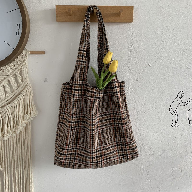 Woolen Plaid Tote Bag Class School Large Capacity Shoulder