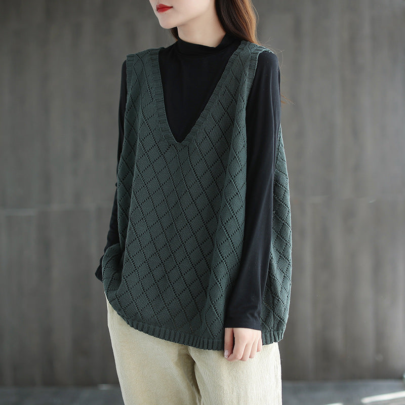 Womens Retro Loose-Neck Hollow-Out Knitted Vest