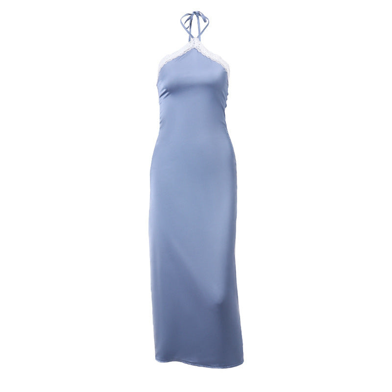 Mid-length Spliced Lace Halter Dress
