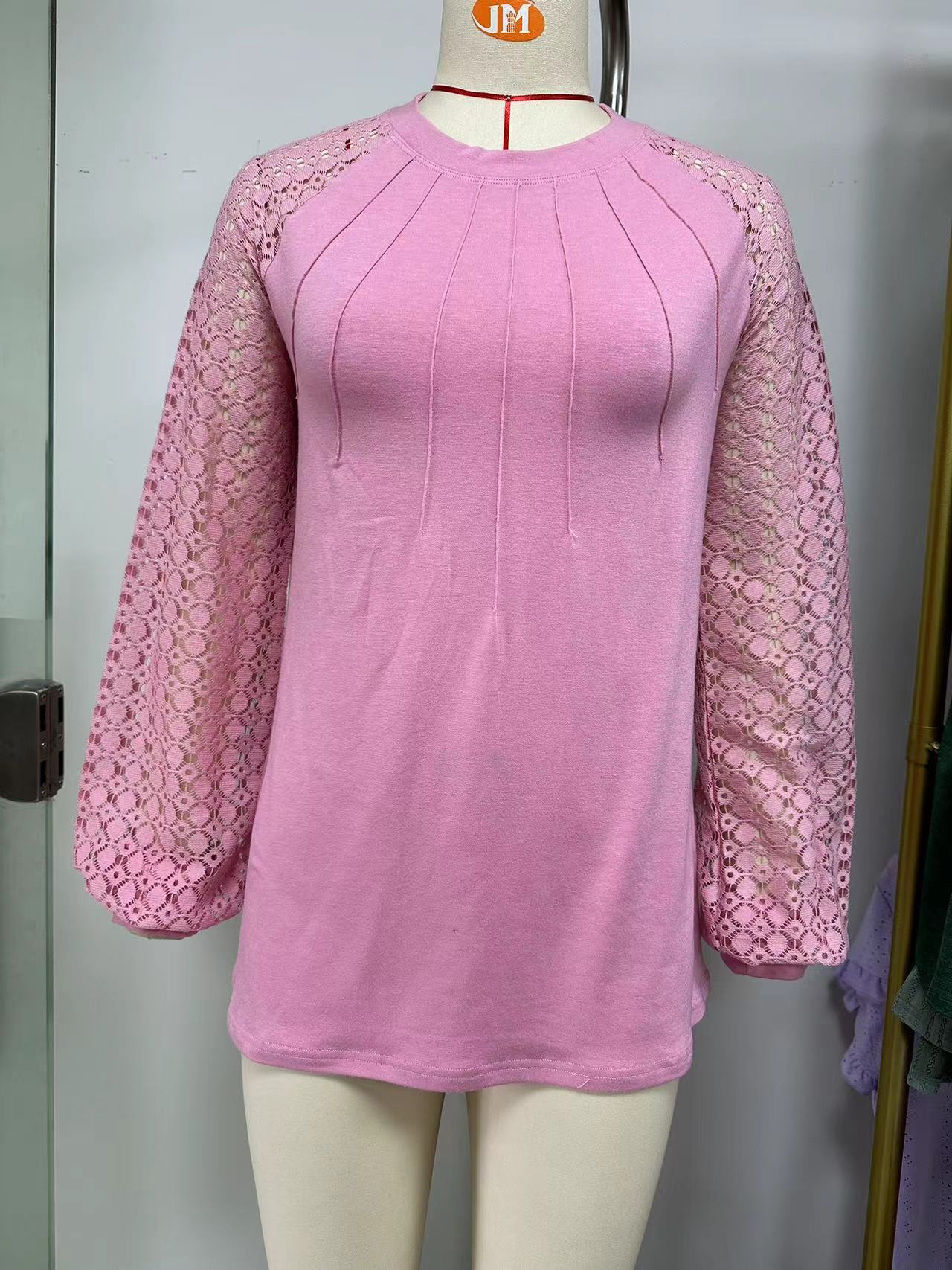 Ny blondelangærmet T-shirt med rund hals, moderigtig løs ensfarvet pullover-top til dametøj