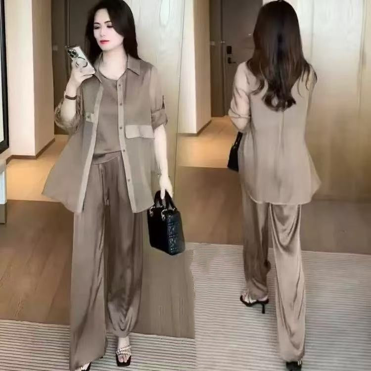 Fashion Women Sun Protection Shirt Wide Leg Pants Casual Three-piece Suit
