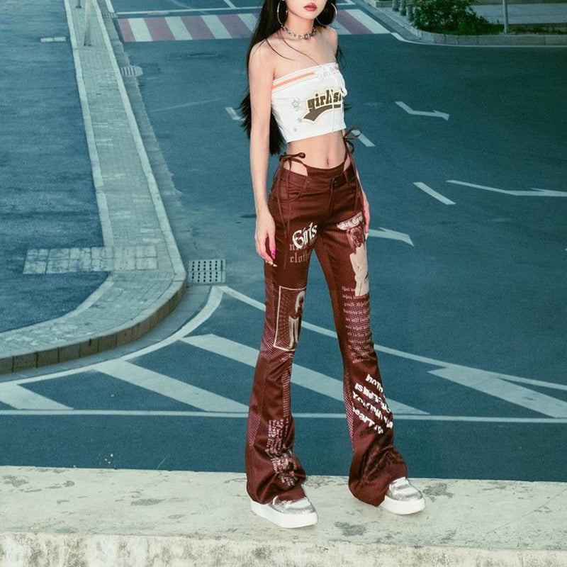 Hot Girl Personality Street Shooting Strap Design Lace-upCool Sa Letter Printing Casual Pants