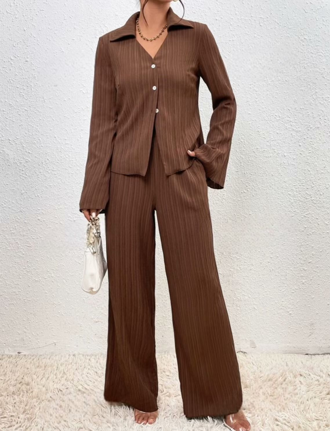 Solid-color Pleated Fashion Long-sleeve Shirt And Wide-leg Pants Casual Set