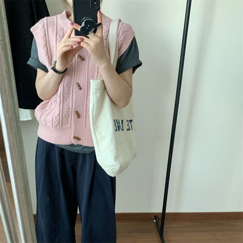 Round Neck Horn Button Knitted Cardigan Vest