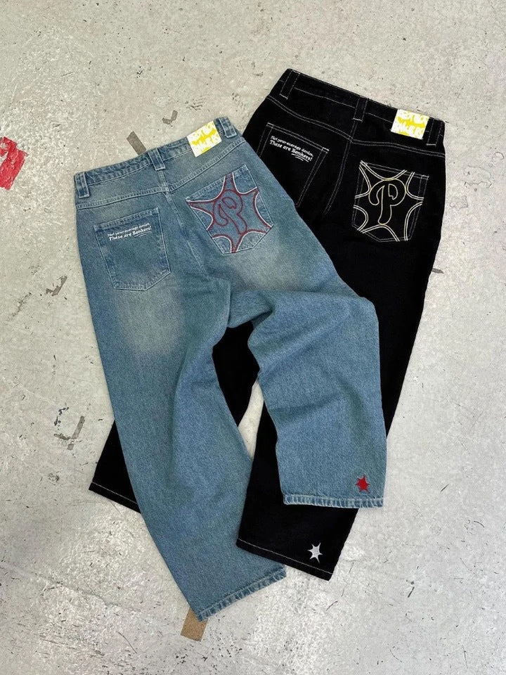 Amerikansk Gade Baggy Afslappet Retro Hip Hop Print Stilfuld Mode Højtaljede Jeans til Mænd