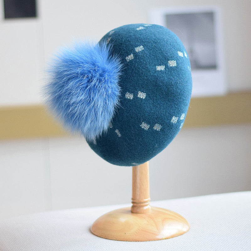 Elegant Woolen Gilding Beret Women's Korean Style Fox Fur Ball Vintage Painter Hat