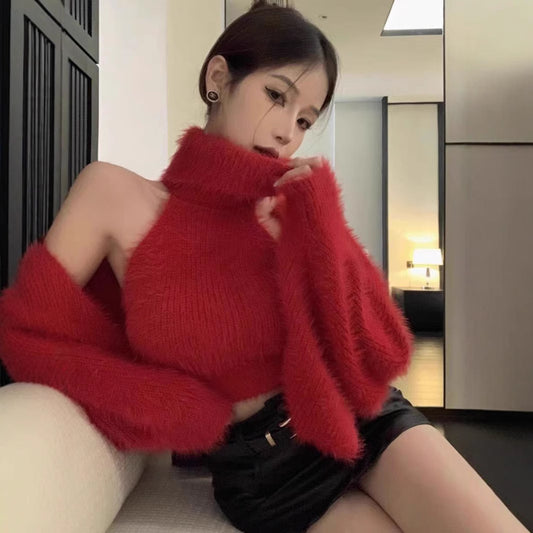 Mink Fur Halter Pure Sweet Hot Girl Sweater Vest Suit