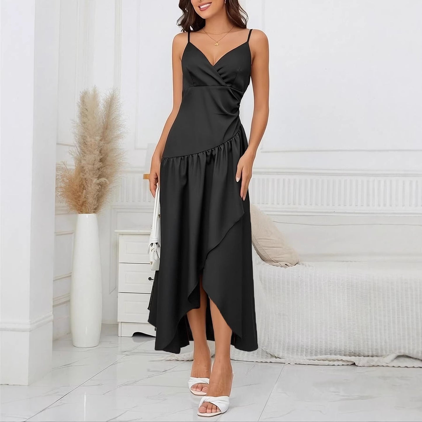 Casual Stylish And Chic Solid-color Asymmetrical Long Slip Dress