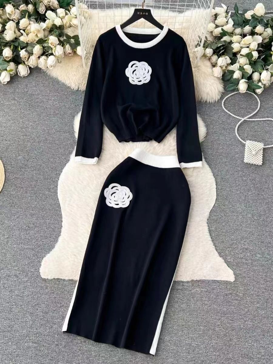 Crew-neck Loose-fit Knit Top And High-waisted Midi Skirt