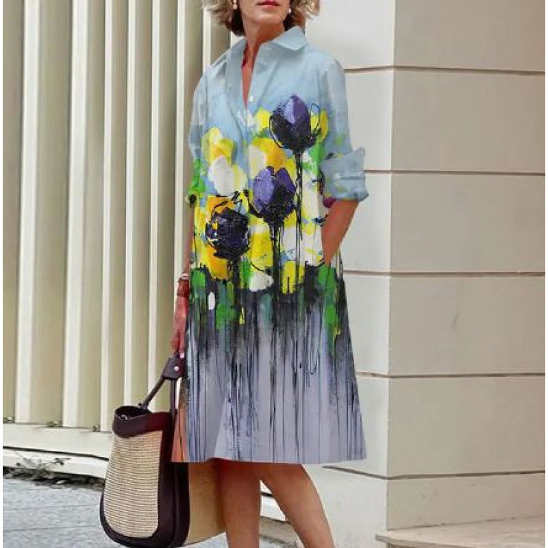 Elegant Polka-dot Printed Shirt-collar Mid-length Dress With Long Sleeves