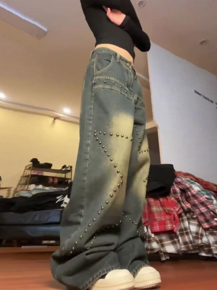 Plus Size Amerikanske Retro Vaskede Nittejeans med Stjerner