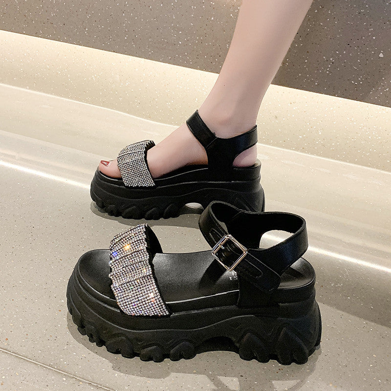 Rhinestone Platform Sandals All-match High-heeled Platform Casual Roman Shoes