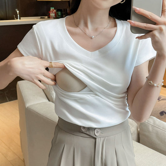 Pure Cotton Nursing T-Shirt V-Neck Breastfeeding Base Layer Top