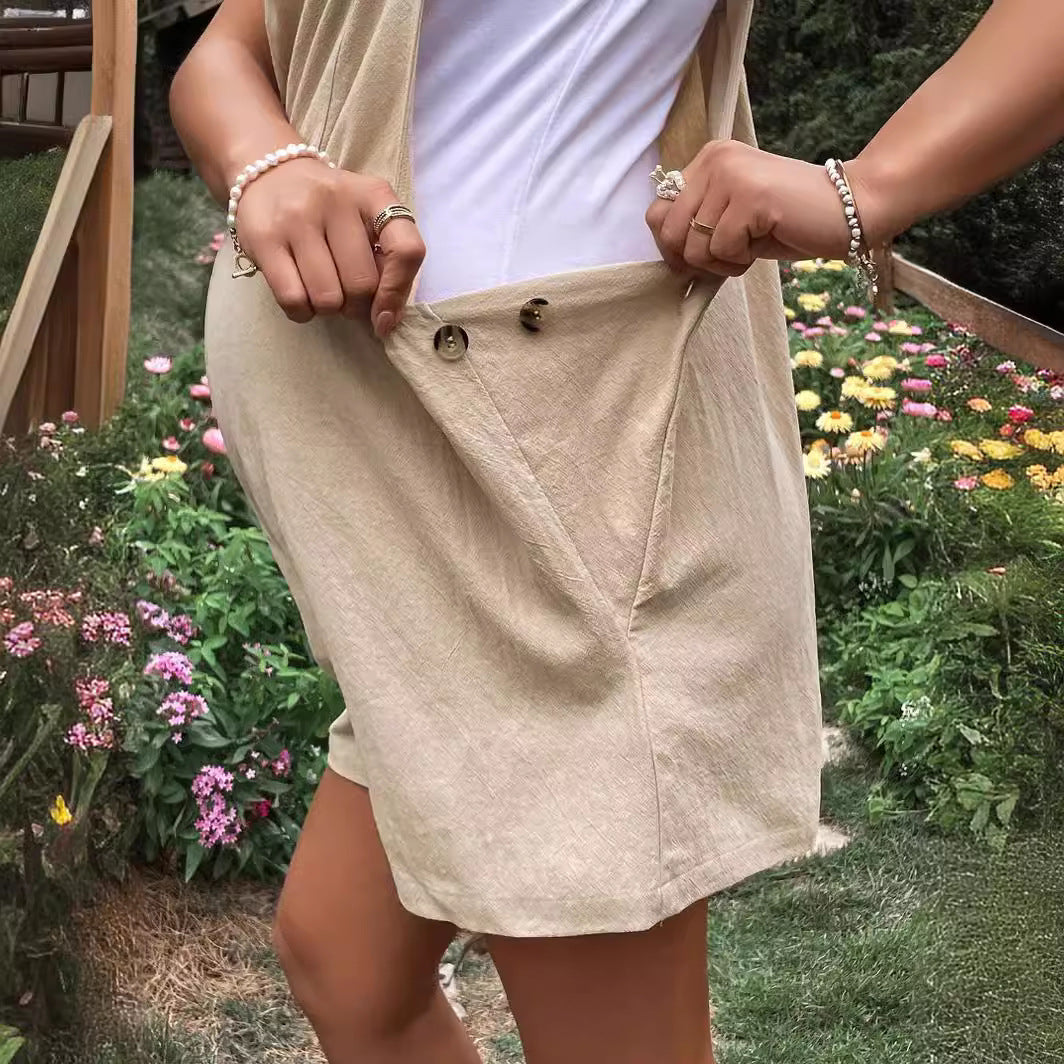 European And American Solid Color Suspender One-piece Shorts With Adjustable Waist