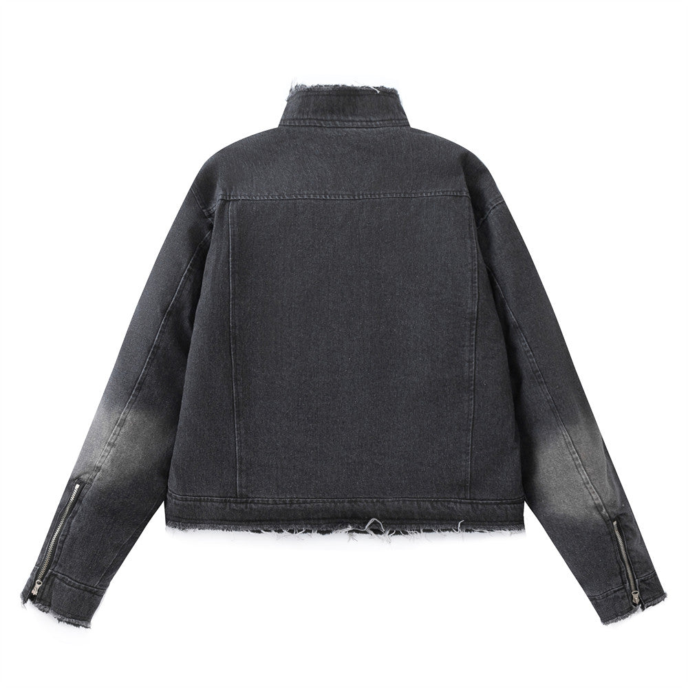 Washing Gradient Frayed Hem Denim Jacket Thickening