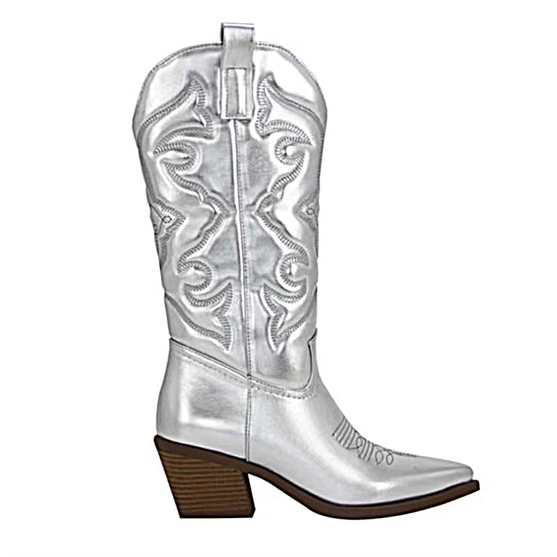Embroidered Women's Mid-calf Fluorescent Pointed Martin Boots Chunky Heel Plus Size Boots