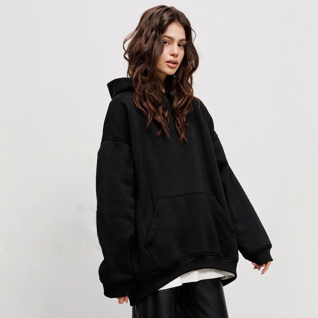 Women's Fleece-lined Bathroom Solid Color Clothing Word Kangaroo Pocket Drawstring Hoodie
