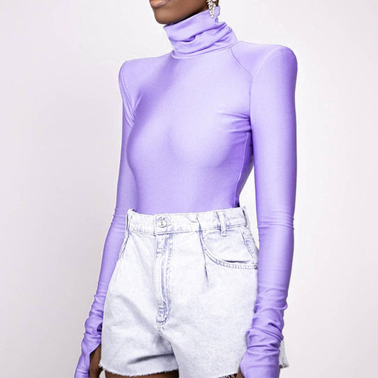 Solid Color Bottoming Women's Heaps Collar Long Sleeve Finger Stall Tight Jumpsuit
