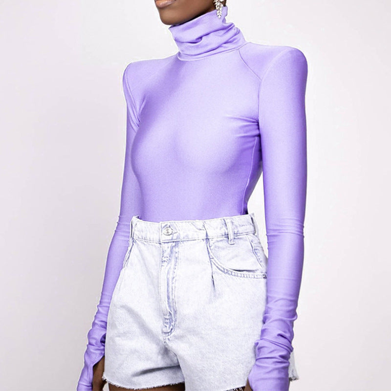 Solid Color Bottoming Women's Heaps Collar Long Sleeve Finger Stall Tight Jumpsuit