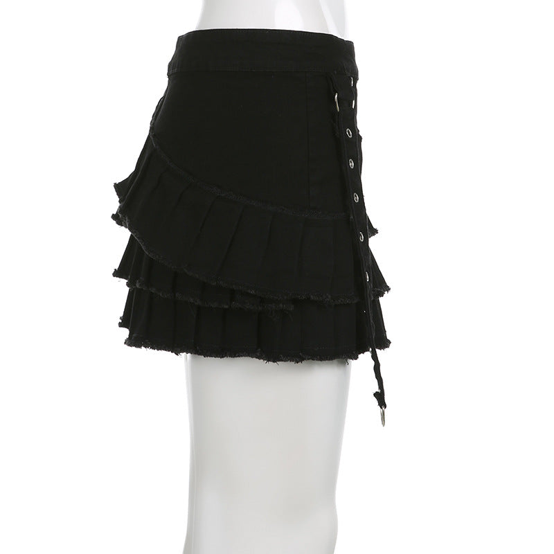 Metal Buckle Irregular Pleated Denim Skirt