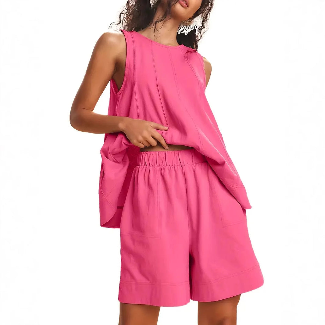 Solid-Color Elegant Crew-Neck Tank Top And Wide-Leg Shorts Set For Women