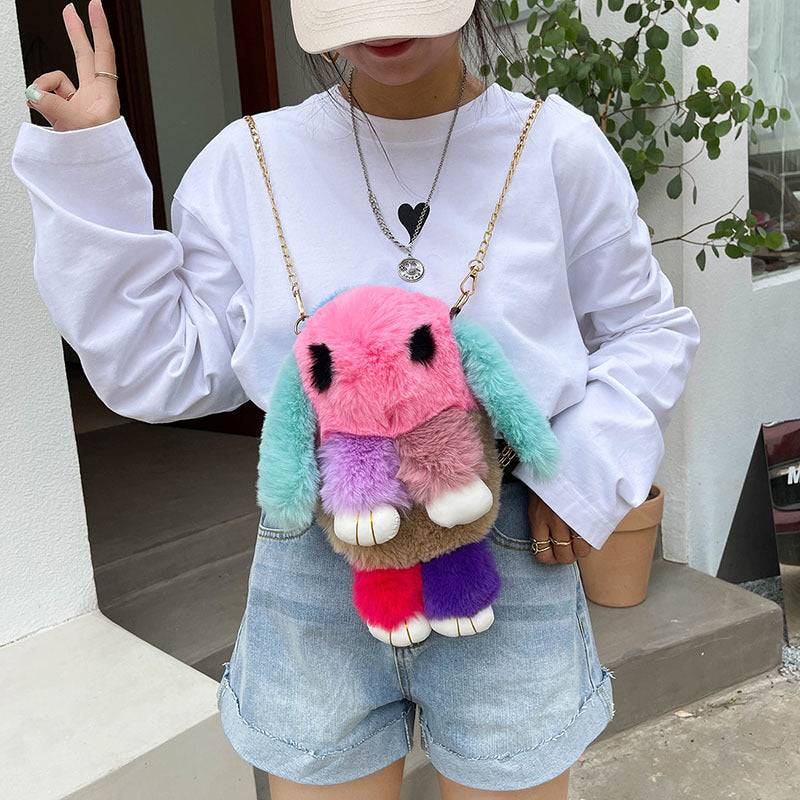 Plush Bag New Cute Contrast Color Jonstew Chain Backpack Girls' Shoulder Crossbody Fur Bag