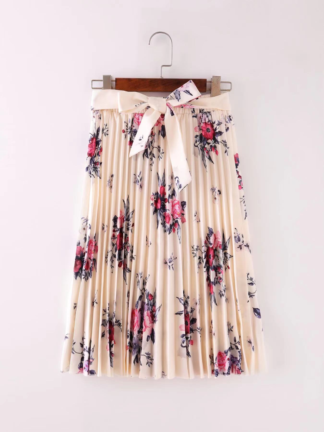 New Arrival Printed Bow-Knot Pleated Skirt Midi Skirt