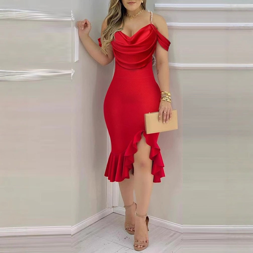 Pearl Chain Decorated Mock Two-Piece Boat-Neckline Dress