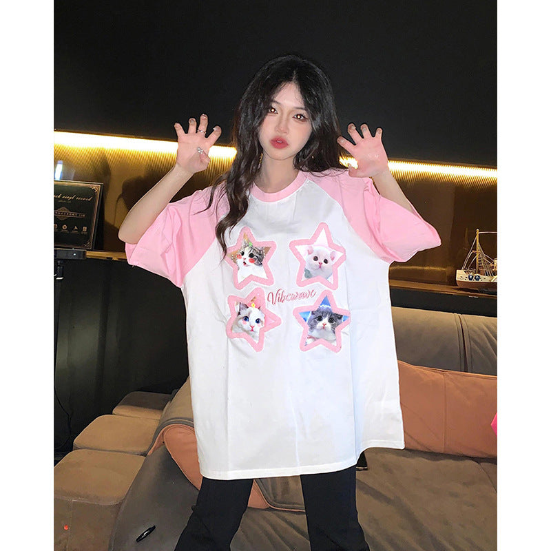 Contrast Color Design Raglan Sleeve Cat Printing Mid-length Loose Short Sleeve