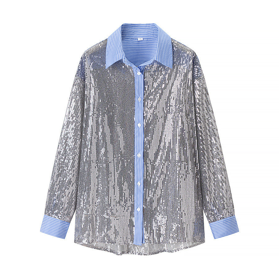 New Spring And Autumn Slim-fit Long-sleeved Sequined Shirt