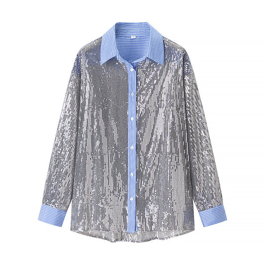 New Spring And Autumn Slim-fit Long-sleeved Sequined Shirt