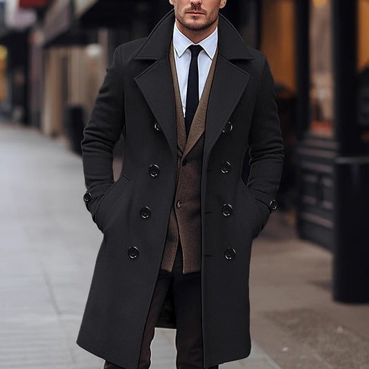 Men's Solid Color Mid-length Wool Coat Korean Style Double-breasted Jacket