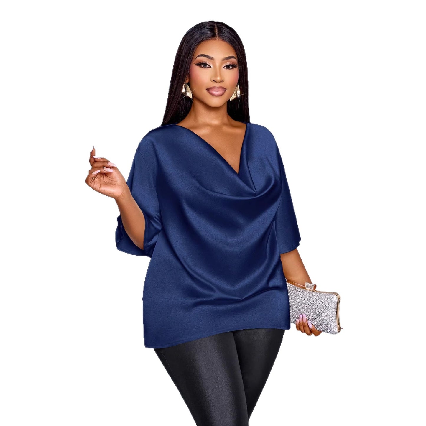 New Relaxed-fit Casual V-neck Mid-sleeve Long-sleeve Solid-color Chiffon Top