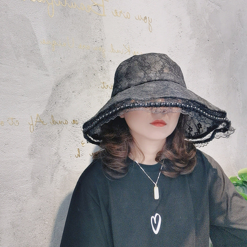 French Elegant Pearl Edge Big Brim Lace Hat