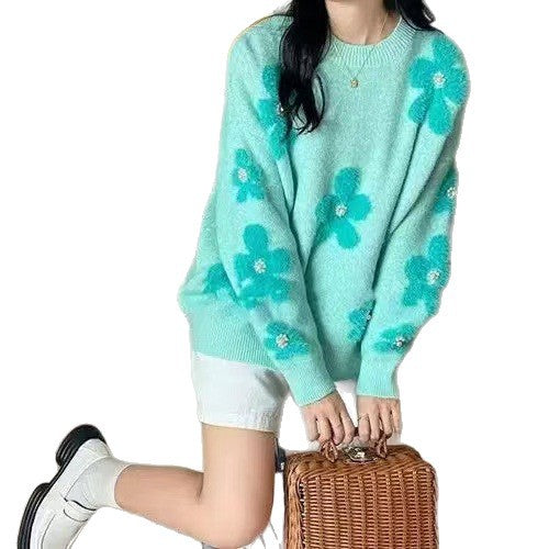Rundhalset sweater til damer i koreansk stil med blomstermønster