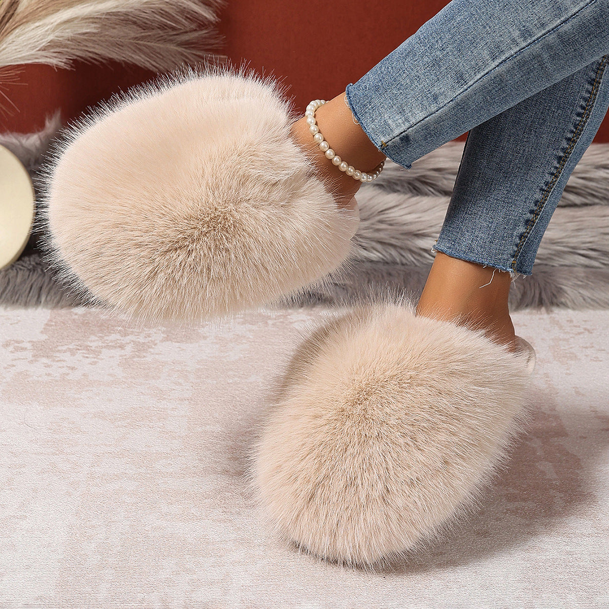 Kvinde Plus-size Ensfarvede Fluffy Store Pelsede Hjemmesko