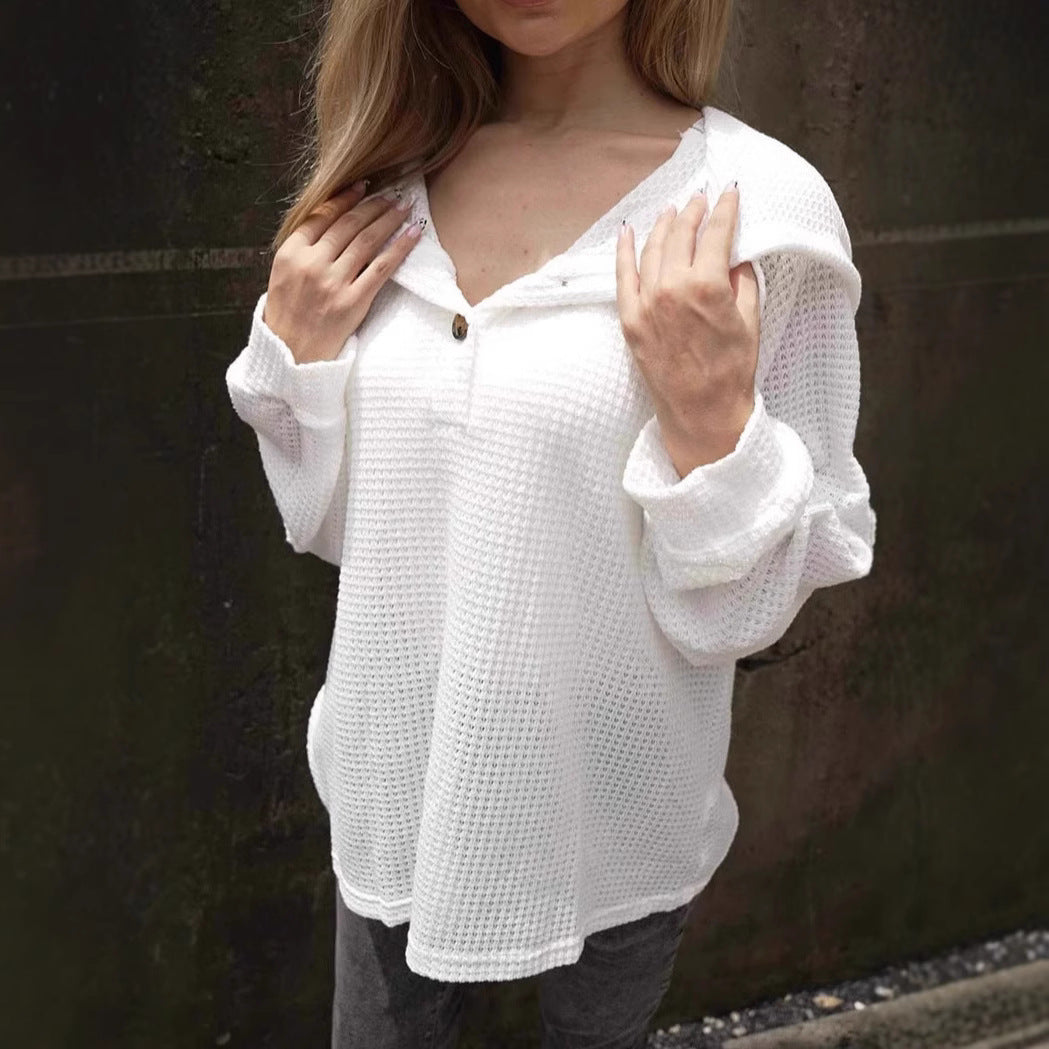 Ensfarvet hættetrøje med snøre V-udskæring Casual Løstsiddende langærmet sweatshirt