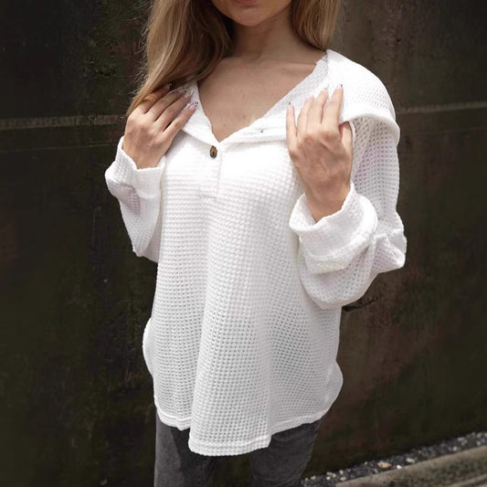 Solid Color Buttons Hoodie With Drawstrings V-neck Casual Loose Long Sleeve Sweatershirt