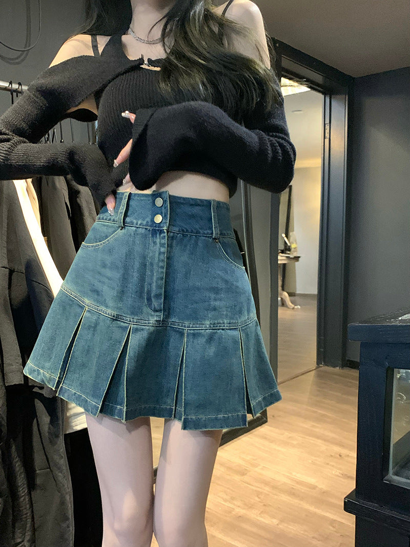 Denim Skirt Pear-shaped High Waist Slimming Sense Of Design Pleated A- Line Sheath Little Short Dress