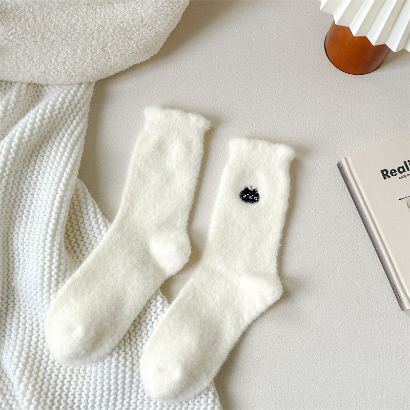 Plush Soft Glutinous Socks Women's Fleece-lined Thickened Cute Cartoon Mid-calf High-grade