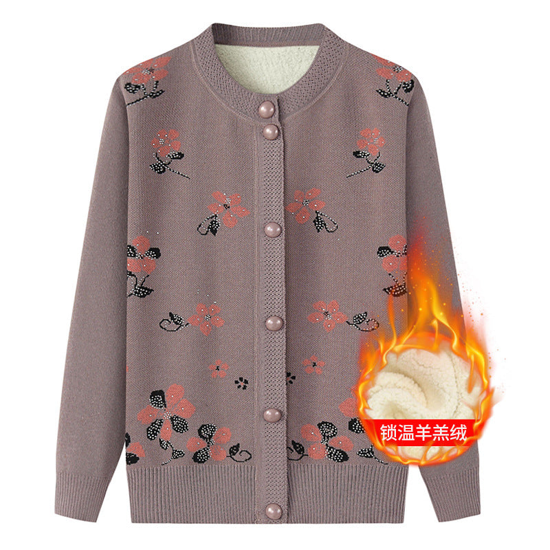 Thermal Underwear Fleece-lined Thickened Grandma Sweater Coat For Women