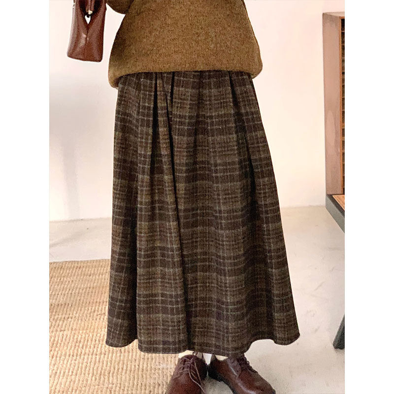 Woolen Preppy Style Retro Plaid Pleated Skirt