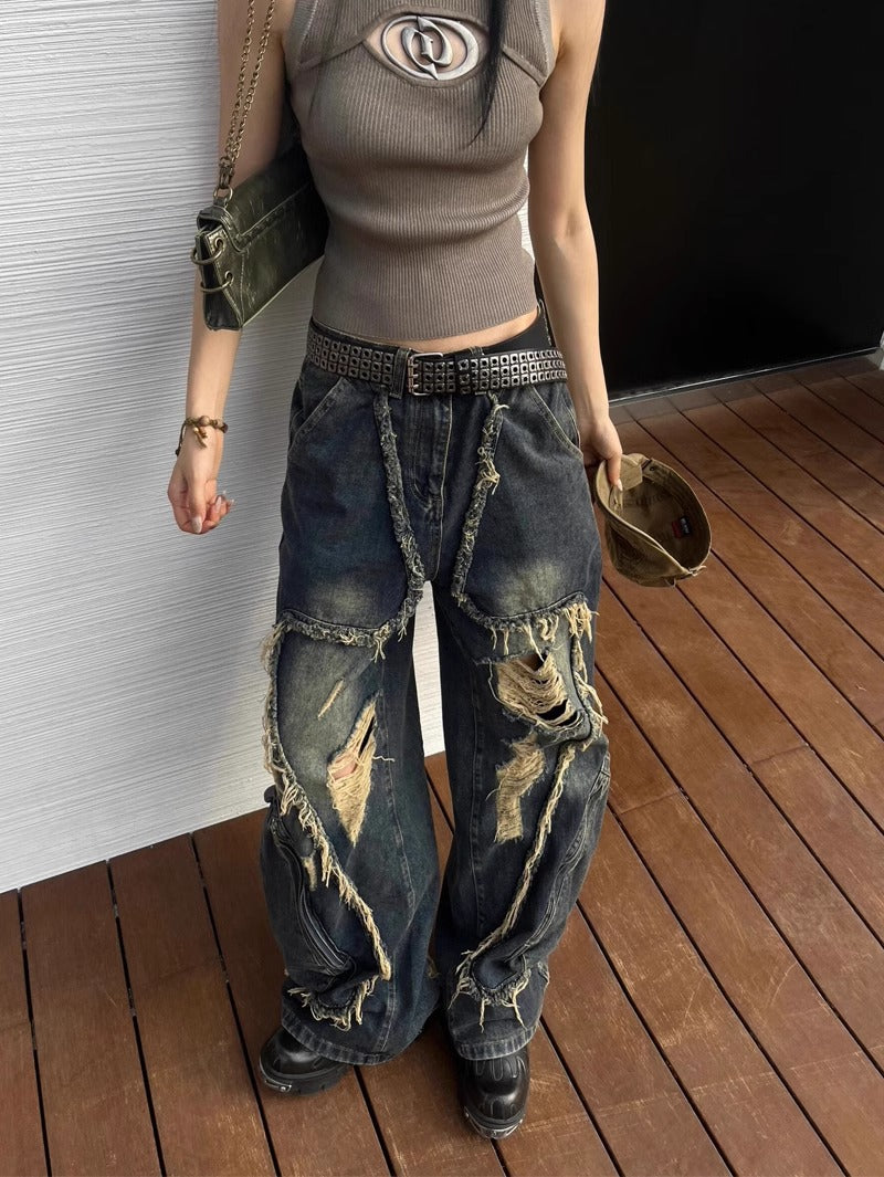 American High Street Design Ripped Jeans Spring And Autumn Retro Distressed Big Pocket