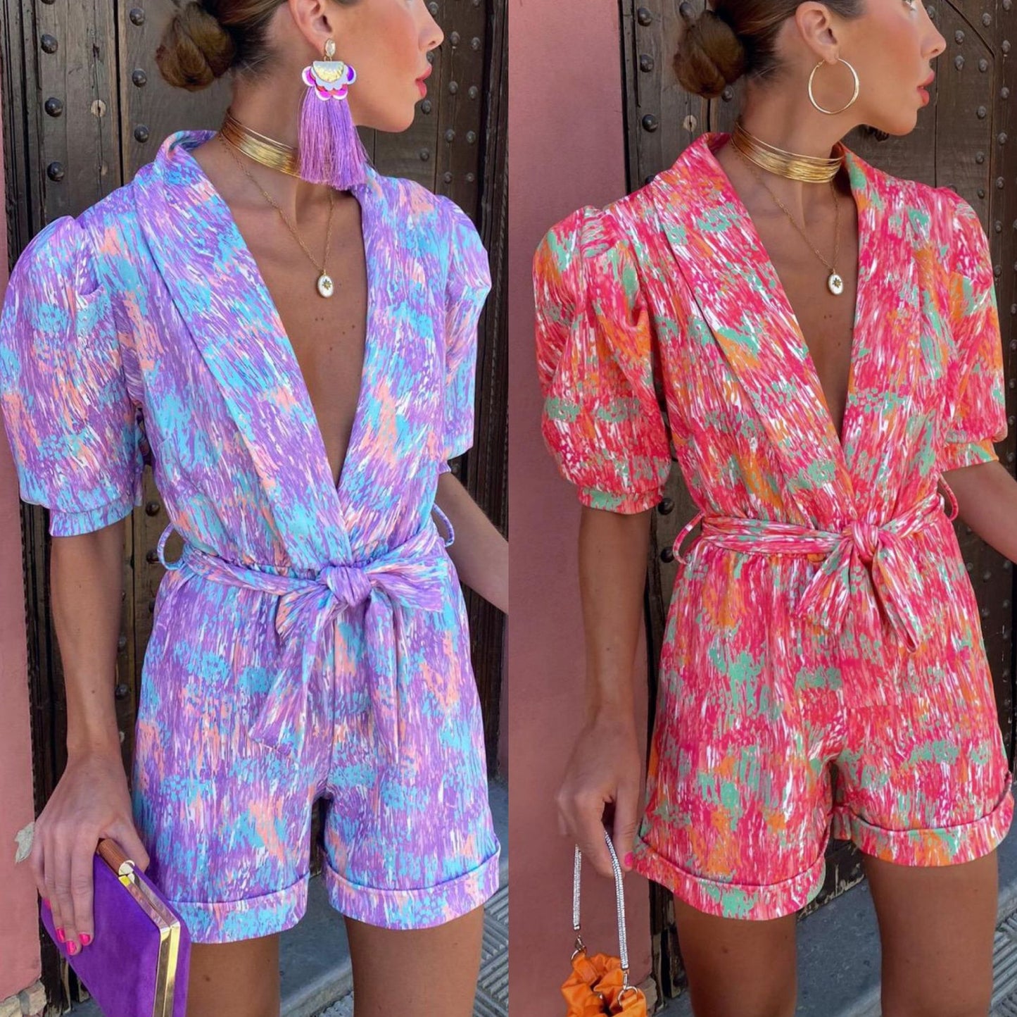 Bubble sleeved short sleeved printed waistband elastic jumpsuit