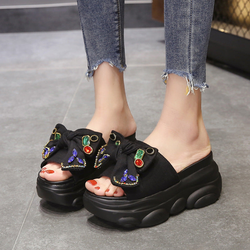 Women's Rhinestone Bow Slip-On High Heel Slippers