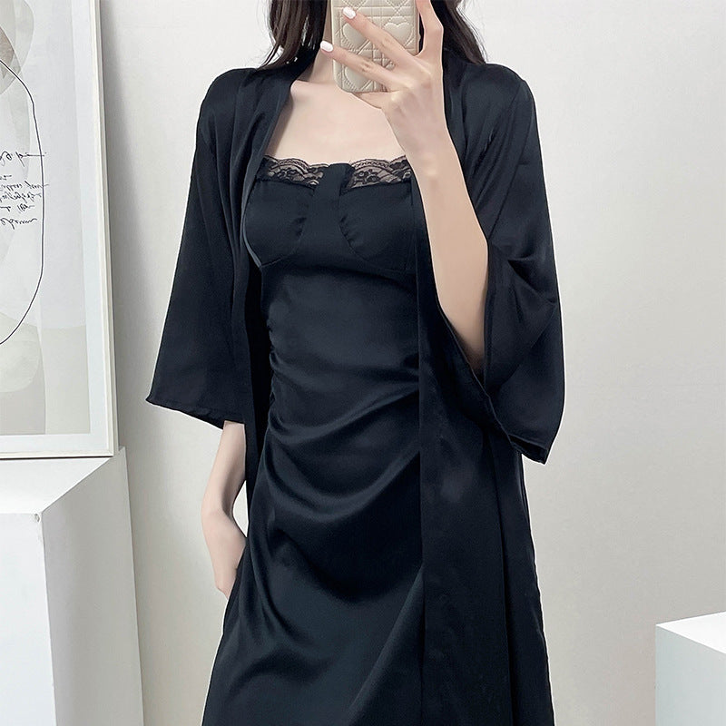 Black Sexy Pajamas Slip Dress And Robe Two-Piece Set